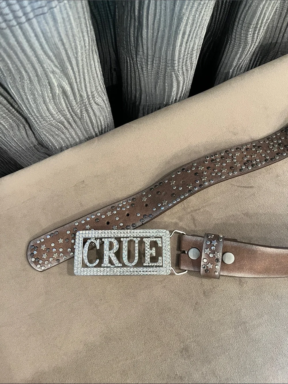 Rhinestone 'CRUE' Brown Leather Studded Belt